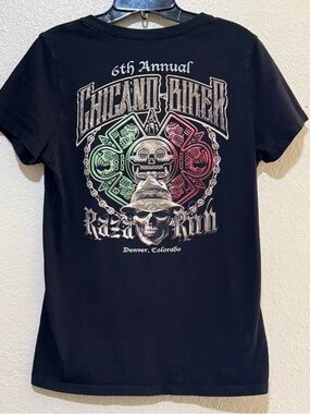 Women’s Sz.XL Graphic Skull Chicano Biker V Neck Blk. Cotton Tee Moto Grunge